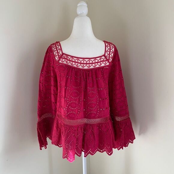 Anthropologie TRYB Eyelet Ruffle Blouse Size S Pink Embroidered Peasant Top - Picture 3 of 8